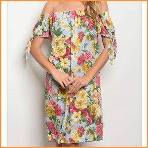 Floral Off-Shoulder Dress w/Ties on Sleeves